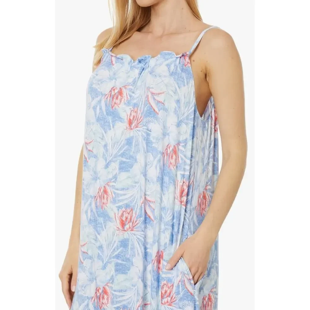 $64 Tommy Bahama Sleeveless Maxi Sleep Night Gown Floral Pockets |Womens S, Blue - Picture 3 of 3